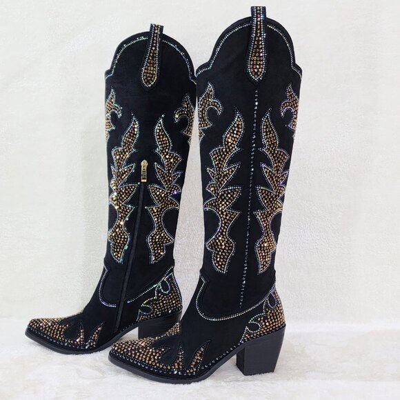 Sparks Country Western Cowgirl Knee Boots Dazzleing Iridescent Rhinestones Black - Picture 12 of 16